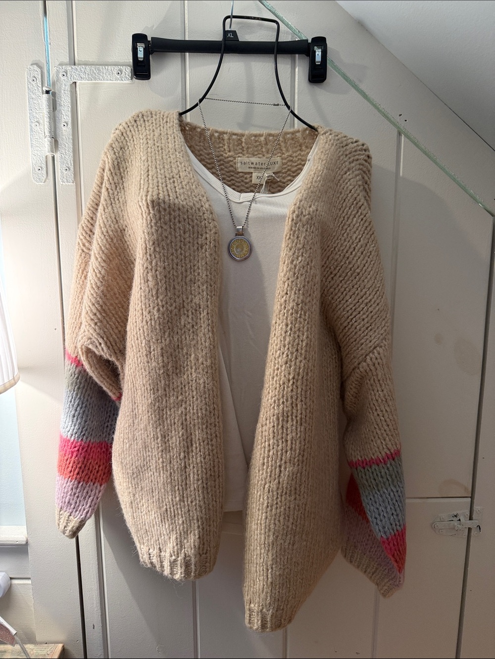 saltwater LUXE Cream Open Cardigan with Pink and Gray Stripe Sleeves. XXL